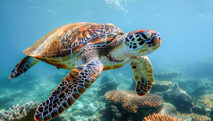 Fototapeta premium A beautiful sea turtle is gracefully swimming near a vibrant coral reef in the ocean