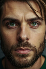 Obraz premium Portrait of a Handsome White Male with Green Eyes, Pretty green Eyes , close-up, macro, zoomed in, detail, focus, intimate, facial features, up close, magnified,