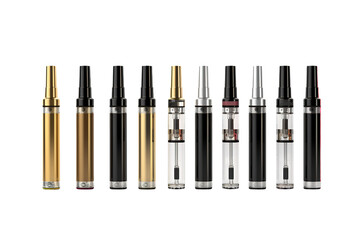 Obraz premium Sleek vape pen collection, metallic gold and black e-cigarette devices, modern vaping hardware for smoking alternative design isolated on Transparent Background