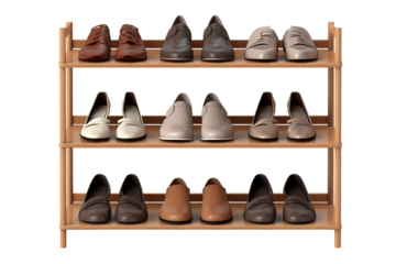 The Shoe Symphony: A Wooden Rack Overflowing With Unique Footwear on White or PNG Transparent Background.