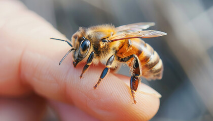 Closeup photo of a honeybee on a finger, showcasing beauty and bond with humans