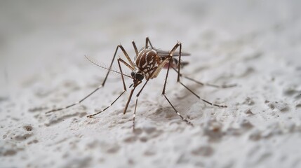  A close-up of a mosquito on a white surface with a black body in the center The mosquito's proboscis is retracted, revealing two smaller black