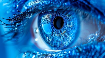  A close-up of a blue eye with water drops on the iris (Iris referred to twice in your text, please note that the iris is just one part of the eye