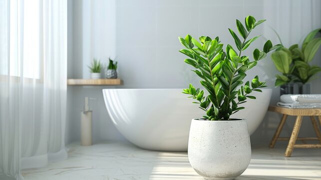Zamia or ZZ plant in a white pot in an bathroom interior