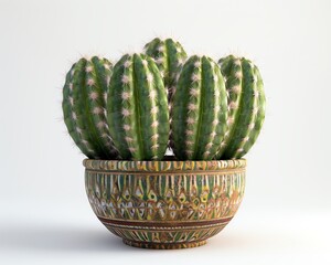 Complete cactus in a decorative pot, pure white background, crisp and vivid, photorealistic rendering