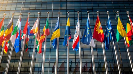 Multiple flags representing EU member states displayed in front of a building