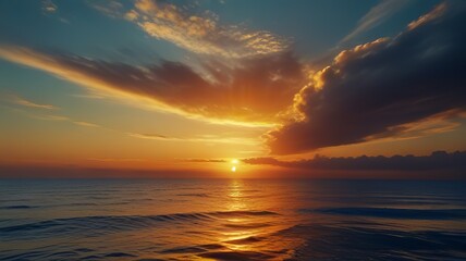 Obraz premium Calm sea with sunset sky and sun through the clouds over. Meditation ocean and sky background. Tranquil seascape. Horizon over the water.