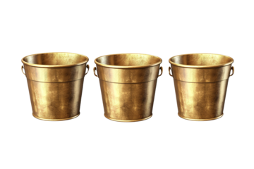 Trio of Gleaming Buckets Bringing Harmony on White or PNG Transparent Background.
