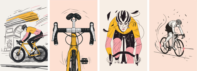 Collection of minimal road bike racing poster cover designs. Abstract cycling sports background