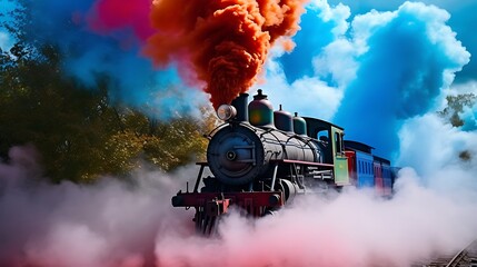 Colored Smoke Flowing Out of an Old-Fashioned Train's Chimney