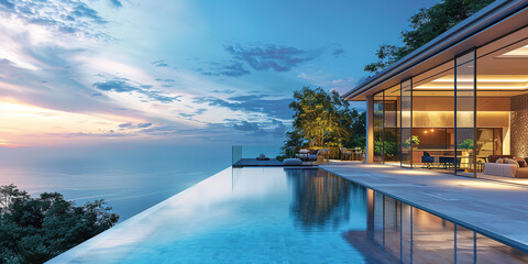 Seaside minimalist modern architectural resort hotel with boundless swimming pool
