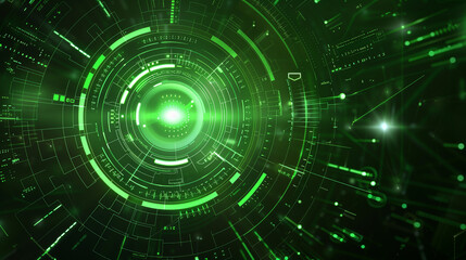 Fototapeta premium A green circle with a bright light in the center. The circle is surrounded by a lot of green lines and dots