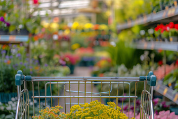 An empty shopping cart for a flower store in a garden center with a blurred background of various flowers and plants, focused on the armrest of the trolley for easy carrying or rolling.