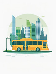 A Bus Illustration Against the Background of Urban Tall Buildings - Green Travel Concept