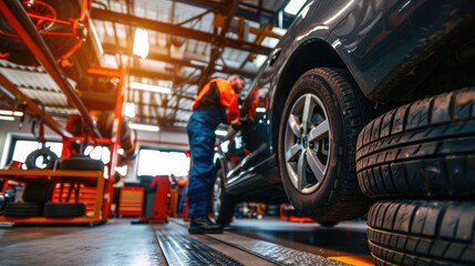 Close-up of a car engine in an industrial setting with detailed wheels and tires