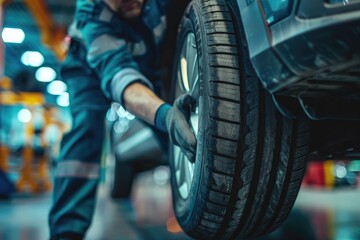 Close-up of a car engine in an industrial setting with detailed wheels and tires