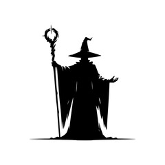Black silhouette of a wizard holding his staff isolated on a white background.