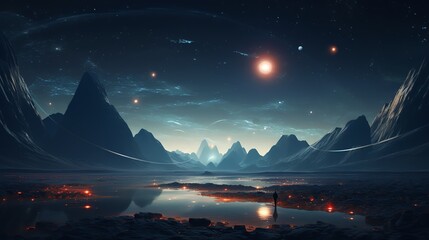 A lone figure stands on the shore of a serene lake, gazing at a breathtaking night sky filled with stars and a glowing moon over majestic mountains.