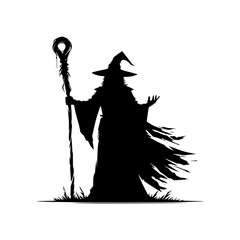 Black silhouette of a wizard holding his staff isolated on a white background.