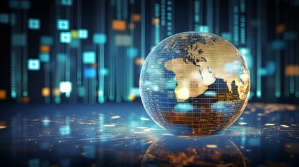 Digital illustration of a globe with a golden grid overlay and blue-orange data streams