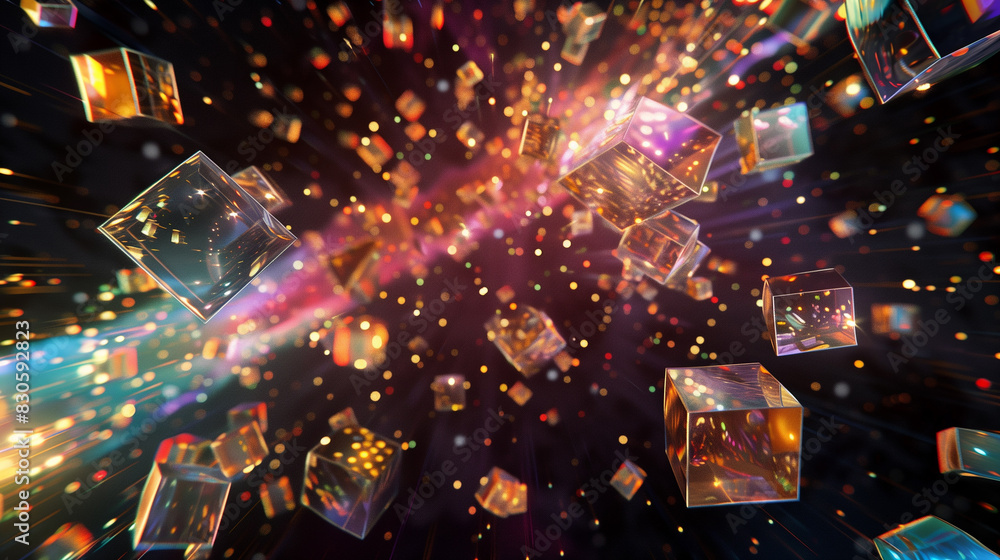 Poster a colorful explosion of cubes in the sky. the cubes are of different sizes and colors, and they are 
