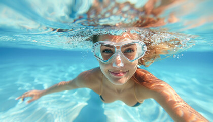 Fototapeta premium A woman is happily submerged in a swimming pool, wearing headgear and taking a selfie underwater