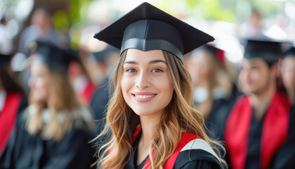 A woman in academic regalia posing with fellow graduates at a graduation ceremony