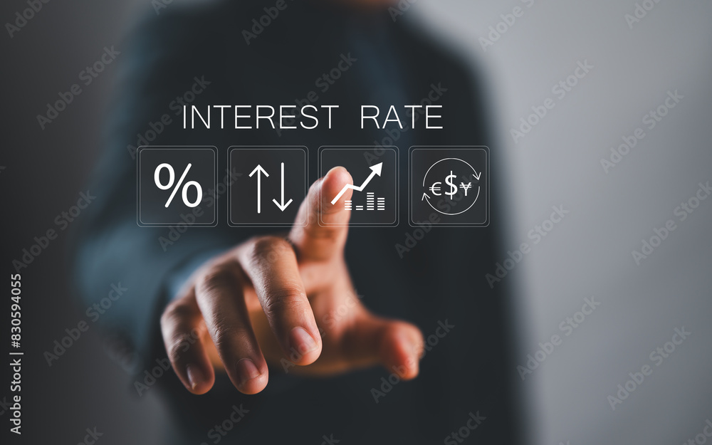 Aufkleber interest rate financial and mortgage rates concept. businessman touching interest rates icon on virt