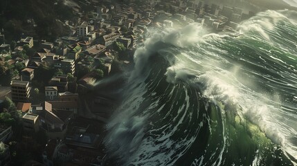 A coastal city being hit by a tsunami wave