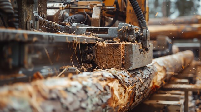 Forestry debarker machine removing bark from logs, high detail
