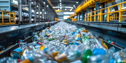 Closeup of recycling machine sorting plastic waste in factory with conveyor belts in background. Concept Recycling Machine, Sorting Plastic Waste, Factory Setting, Conveyor Belts, Close-up Shot