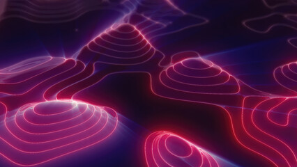 Purple looped futuristic hi-tech landscape with mountains and canyons from glowing energy circles and magic lines. Abstract background