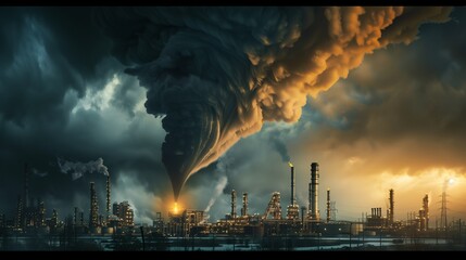 A tornado approaching an oil refinery, with dark smoke in the background