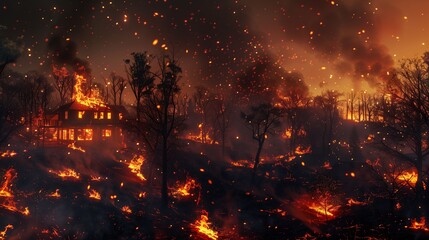 A wildfire approaching a residential area at night, with glowing embers