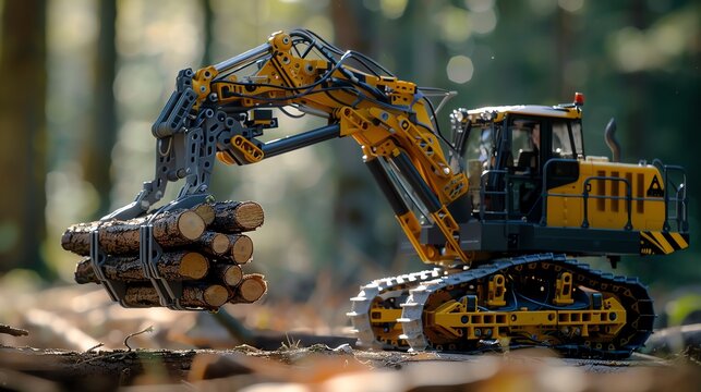 Forestry grapple loader with logs, lifting and moving, capturing mechanical action