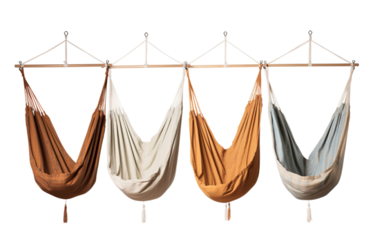 Tranquil Trio: Three Hammocks Swaying on a Wooden Pole on White or PNG Transparent Background.