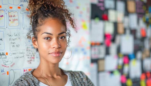 A woman is smiling and standing by a whiteboard covered with colorful sticky notes