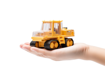 Sunshine Construction: A Playful Hand Manipulating a Miniature Yellow Bulldozer on White or PNG Transparent Background.