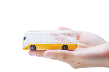 The Miniature Journey: A Hand Holding a Toy Bus on White or PNG Transparent Background.