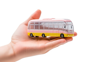 Journey of Dreams: A Hand Guiding a Toy Bus on White or PNG Transparent Background.