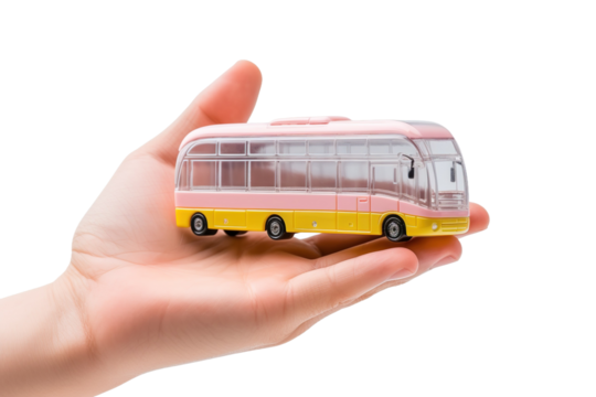 Journey of Dreams: A Hand Guiding a Toy Bus on White or PNG Transparent Background.