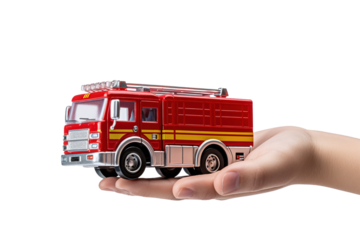 Holding Dreams: A Hand Grasping a Toy Fire Truck on White or PNG Transparent Background.