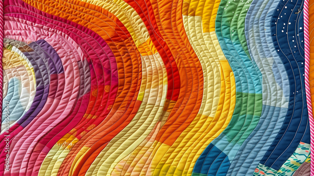 Poster a colorful quilt with a rainbow pattern. the quilt is made up of many different colors and has a ver