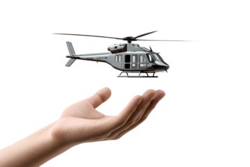 Levitating Dreams: Hand Taming Helicopter Magic on White or PNG Transparent Background.