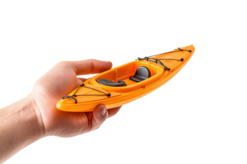 Masterpiece of Adventure: A Hand Embracing an Orange Kayak on White or PNG Transparent Background.