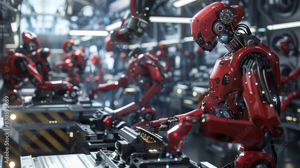 Poster a group of robots are lined up in a factory. the robots are all white and have a robotic appearance.