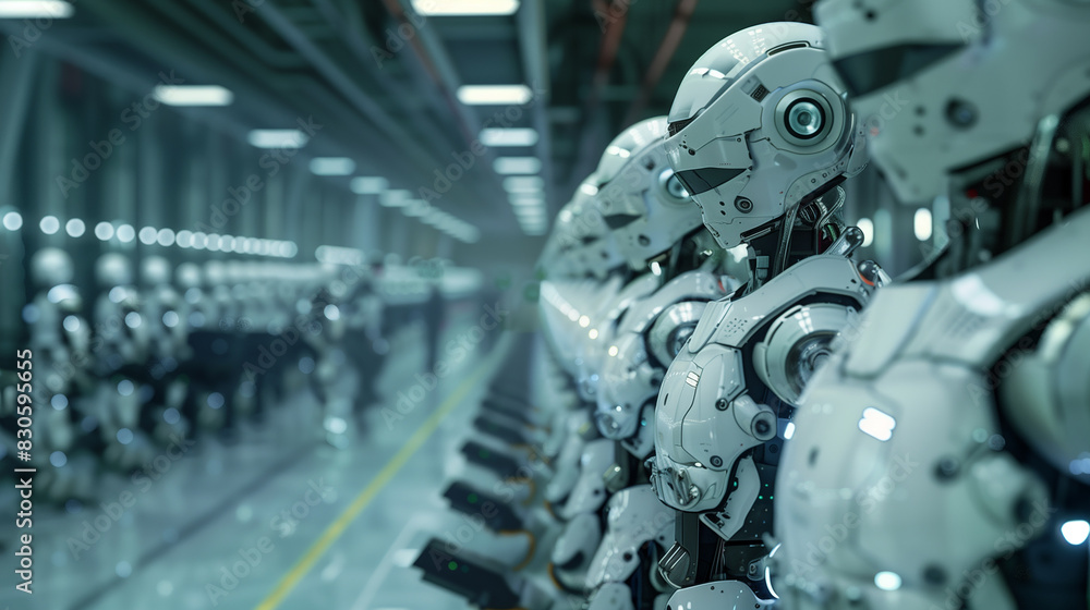 Poster a group of robots are lined up in a factory. the robots are all white and have a robotic appearance.