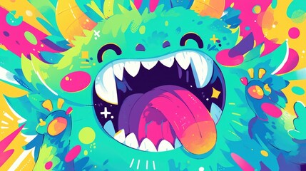 An adorable green monster sticking out its tongue and sporting horns in a vibrant 2d art colorful drawing or illustration