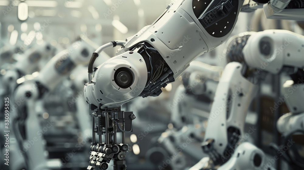 Poster a group of robots are lined up in a factory. the robots are all white and have a robotic appearance.