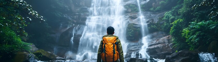 A Solo Traveler s Moment of Wonder at a Secluded Waterfall from a Suspension Bridge